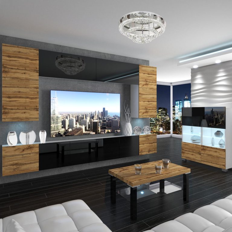Wohnwand Belini Premium Full Version Hochglanzschwarz / Wotan-Eiche + LED-Beleuchtung Nexum 30 Hersteller NEX 2/0/W/DWBDWB/0/0/PP