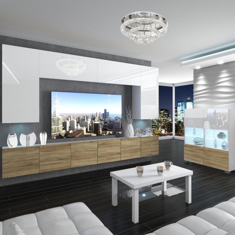 Wohnwand Belini Premium Full Version Hochglanz weiß-Sonoma Eiche + LED-Beleuchtung Nexum 21 Hersteller NEX 2/0/W/WDS/0/0/PP