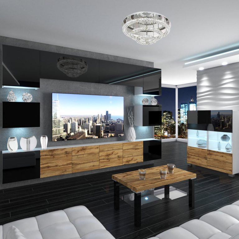 Wohnwand Belini Premium Full Version Hochglanzschwarz / Wotan-Eiche + LED-Beleuchtung Nexum 53 Hersteller NEX 3/0/W/BBBDW/0/0/PP


