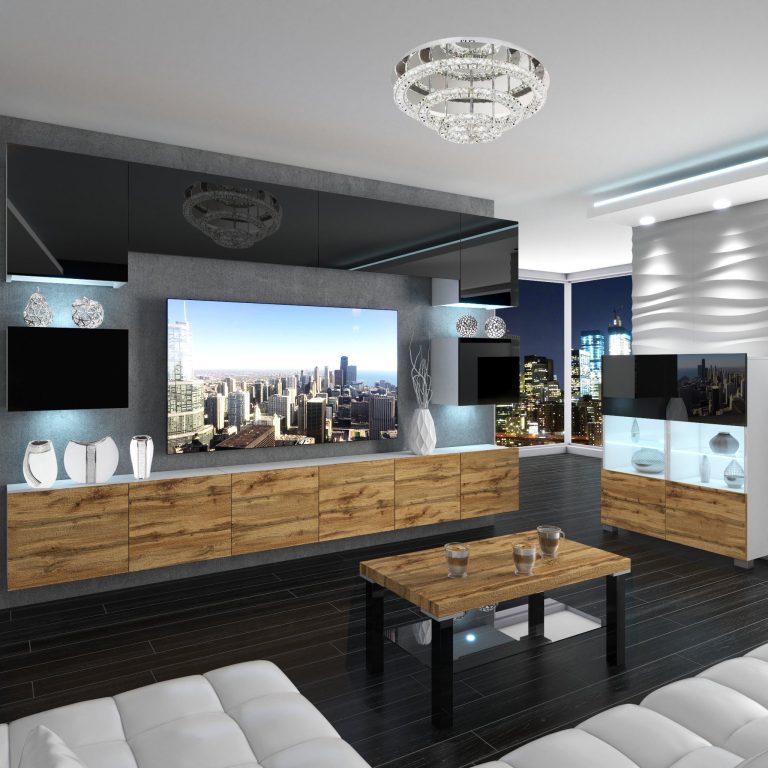 Wohnwand Belini Premium Full Version Hochglanzschwarz / Wotan-Eiche + LED-Beleuchtung Nexum 51 Hersteller NEX 3/0/W/BDW/0/0/PP
