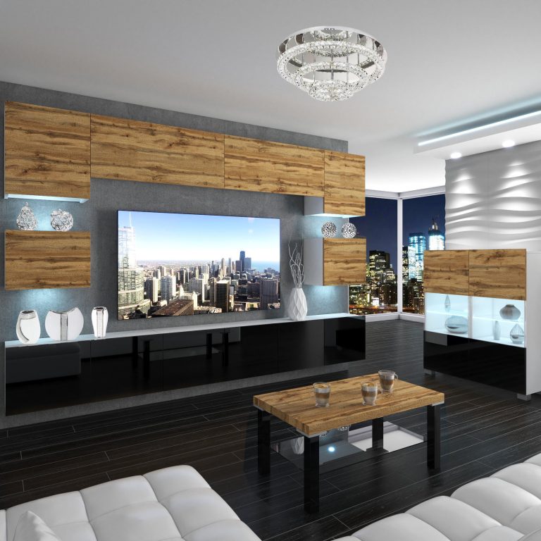 Wohnwand Belini Premium Full Version Wotan-Eiche / Hochglanzschwarz + LED-Beleuchtung Nexum 48 Hersteller NEX 3/0/W/DWB/0/0/PP