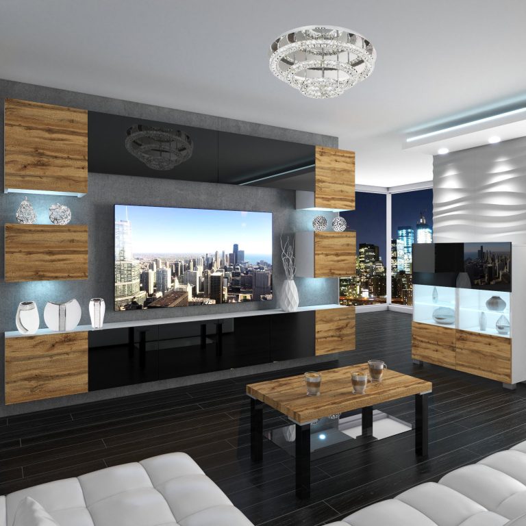 Wohnwand Belini Premium Full Version Hochglanzschwarz / Wotan-Eiche + LED-Beleuchtung Nexum 54 Hersteller NEX 3/0/W/DWBDWDWB/0/0/PP
