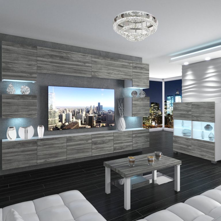 Wohnwand Belini Premium Full Version Grau Anthrazit Glamour Wood + LED-Beleuchtung Nexum 49 Hersteller NEX 3/0/W/GW1/0/0/PP