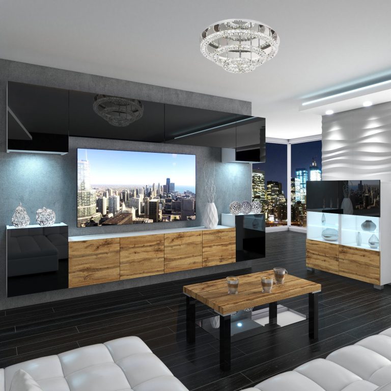 Wohnwand Belini Premium Full Version Hochglanzschwarz / Wotan-Eiche + LED-Beleuchtung Nexum 70 Hersteller NEX 4/0/W/BBBDW/0/0/PP