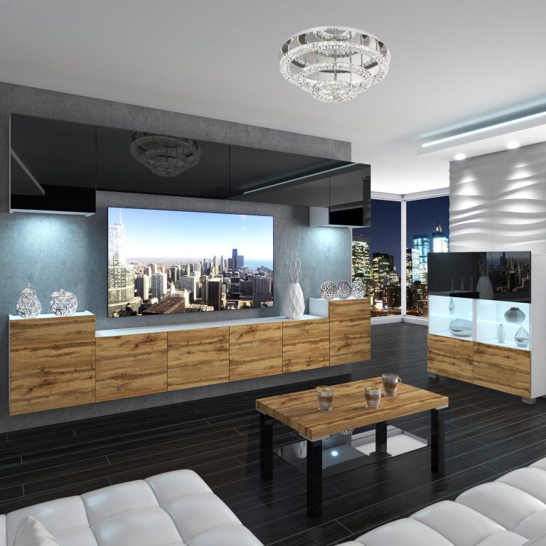 Wohnwand Belini Premium Full Version Hochglanzschwarz / Wotan-Eiche + LED-Beleuchtung Nexum 67 Hersteller NEX 4/0/W/BDW/0/0/PP