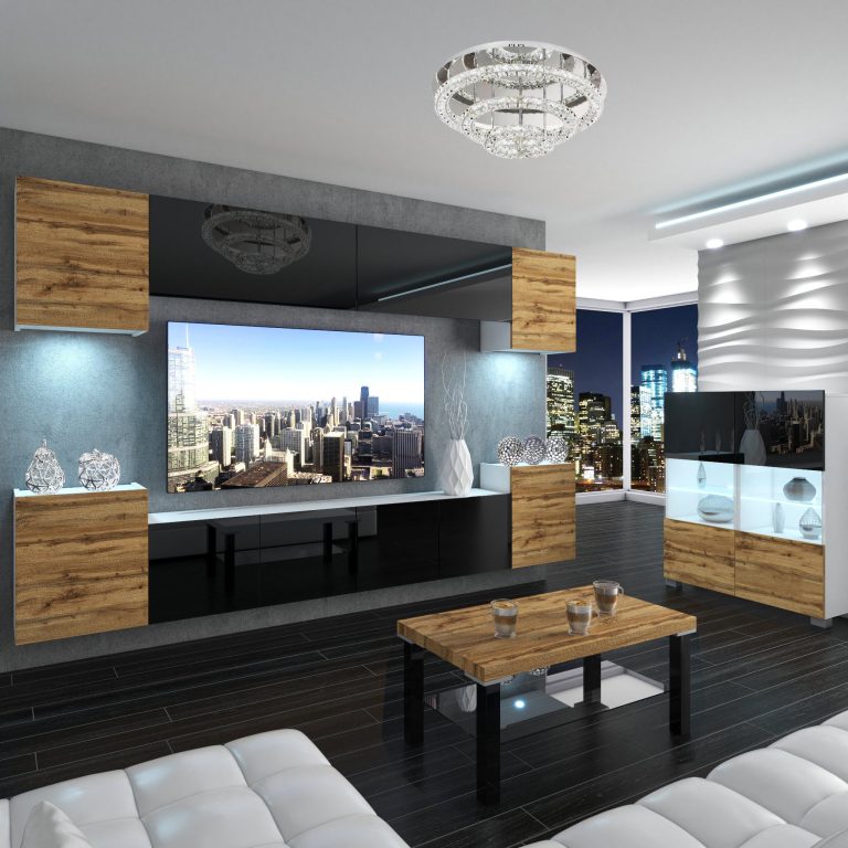 Wohnwand Belini Premium Full Version Hochglanzschwarz / Wotan-Eiche + LED-Beleuchtung Nexum 68 Hersteller NEX 4/0/W/DWBDWB/0/0/PP