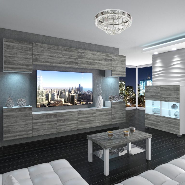 Wohnwand Belini Premium Full Version Grau Anthrazit Glamour Wood + LED-Beleuchtung Nexum 71 Hersteller NEX 4/0/W/GW1/0/0/PP