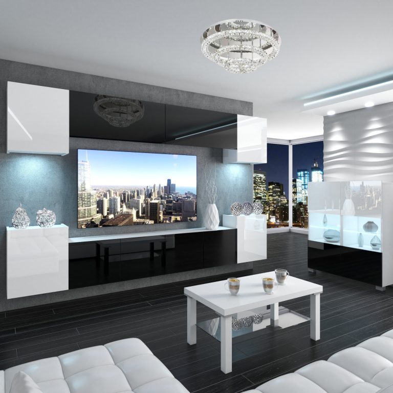 Wohnwand Belini Premium Full Version Hochglanz weiß-schwarz + LED-Beleuchtung Nexum 56 Hersteller NEX 4/0/W/WBWB/0/0/PP
