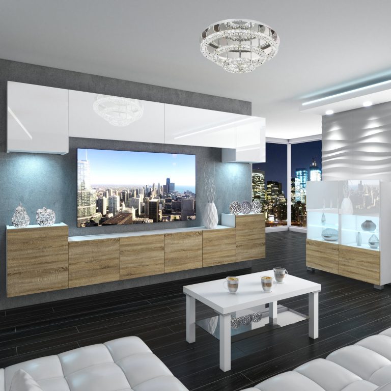 Wohnwand Belini Premium Full Version Hochglanz weiß-Sonoma Eiche + LED-Beleuchtung Nexum 59 Hersteller NEX 4/0/W/WDS/0/0/PP
