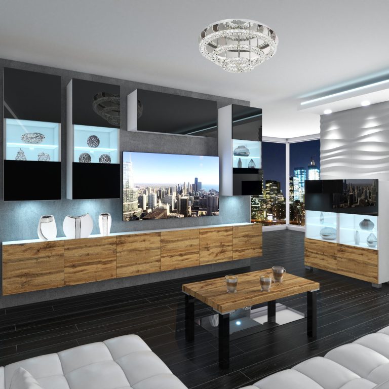 Wohnwand Belini Premium Full Version Hochglanzschwarz / Wotan-Eiche + LED-Beleuchtung Nexum 82 Hersteller NEX 5/0/W/BDW/0/0/PP
