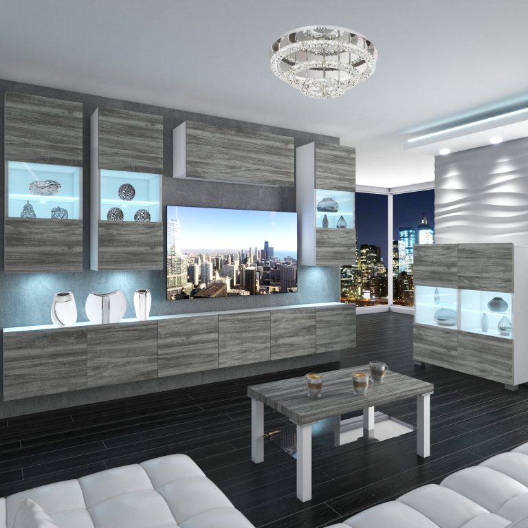 Wohnwand Belini Premium Full Version Grau Anthrazit Glamour Wood + LED-Beleuchtung Nexum 83 Hersteller NEX 5/0/W/GW1/0/0/PP