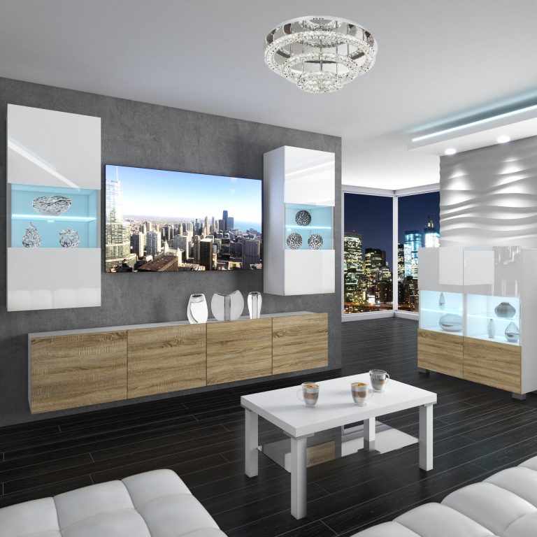 Wohnwand Belini Premium Full Version Hochglanz weiß / Sonoma Eiche + LED-Beleuchtung Nexum 102 Hersteller NEX 7/0/W/WDS/0/0/PP