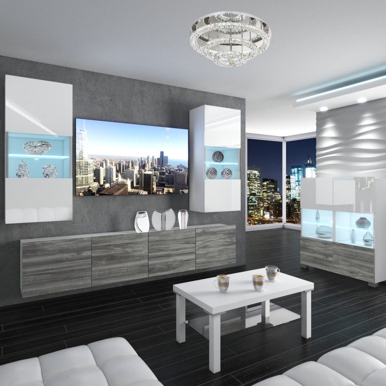 Wohnwand Belini Premium Full Version Hochglanz weiß / Grau Anthrazit Glamour Wood + LED-Beleuchtung Nexum 101 Hersteller NEX 7/0/W/WGW1/0/0/PP