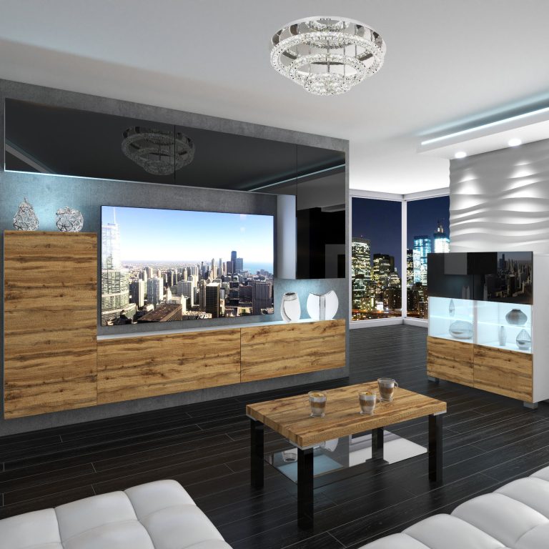 Wohnwand Belini Premium Full Version Hochglanzschwarz / Wotan-Eiche + LED-Beleuchtung Nexum 137 Hersteller NEX 8/0/W/BDW/0/0/ PP