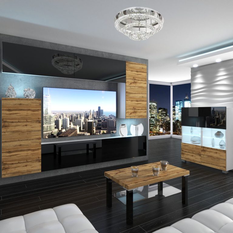 Wohnwand Belini Premium Full Version Hochglanzschwarz / Wotan-Eiche + LED-Beleuchtung Nexum 126 Hersteller NEX 8/0/W/BDWDWB/0/0/PP
