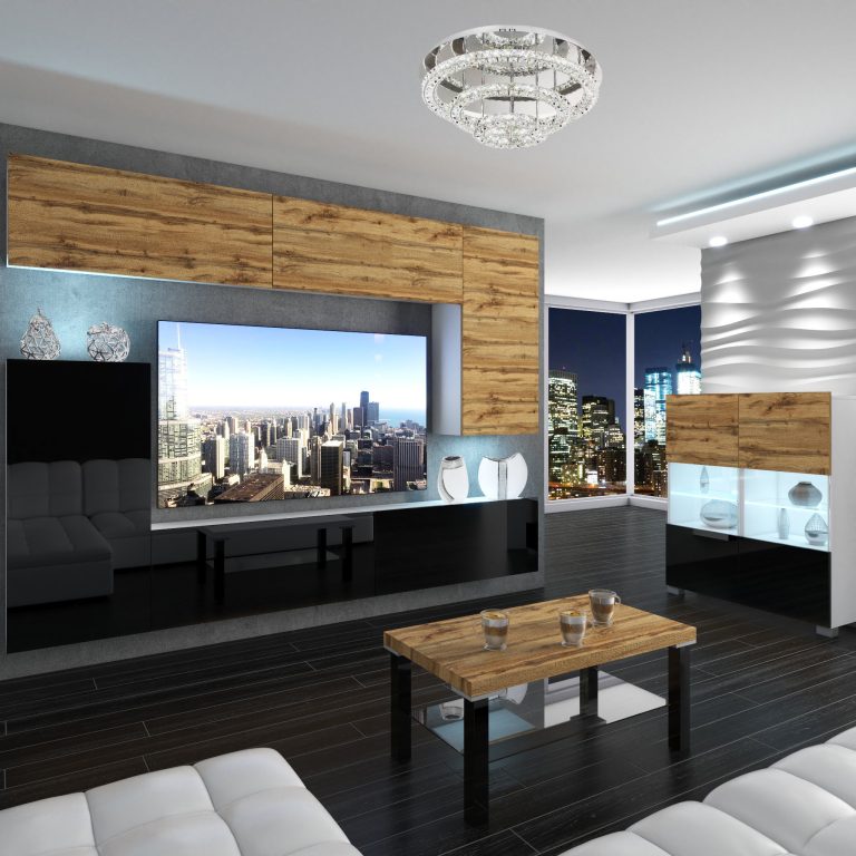 Wohnwand Belini Premium Full Version Wotan-Eiche / Hochglanzschwarz + LED-Beleuchtung Nexum 130 Hersteller NEX 8/0/W/DWB/0/0/PP