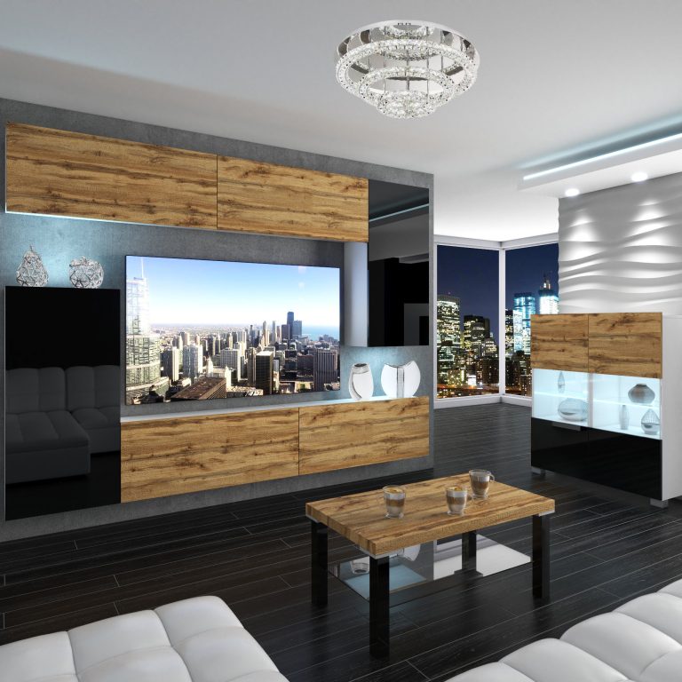 Wohnwand Belini Premium Full Version Hochglanzschwarz / Wotan-Eiche + LED-Beleuchtung Nexum 127 Hersteller NEX 8/0/W/DWBBDW/0/0/PP