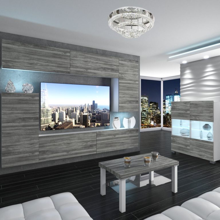 Wohnwand Belini Premium Full Version Grau Anthrazit Glamour Wood + LED-Beleuchtung Nexum 128 Hersteller NEX 8/0/W/GW1/0/0/PP