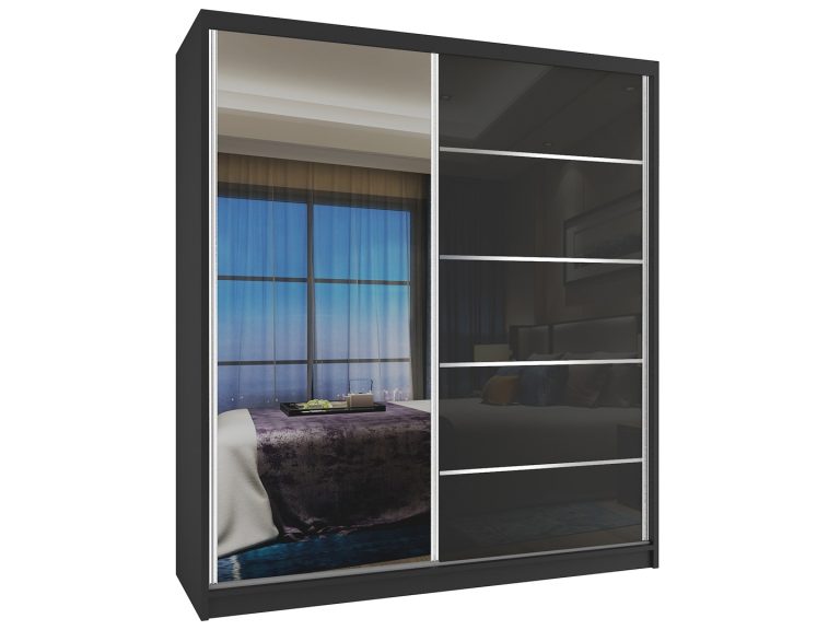Kleiderschrank 133 cm Belini schwarz matt/schwarz glänzend mit Schiebetüren und Spiegel Hersteller MG SZP2/2/B/1L5B/HI