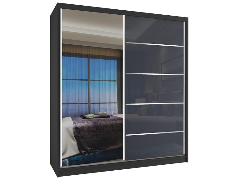 Kleiderschrank 133 cm Belini schwarz matt / grau glänzend mit Schiebetüren und Spiegel Hersteller MG SZP2/2/B/1L5S/HI