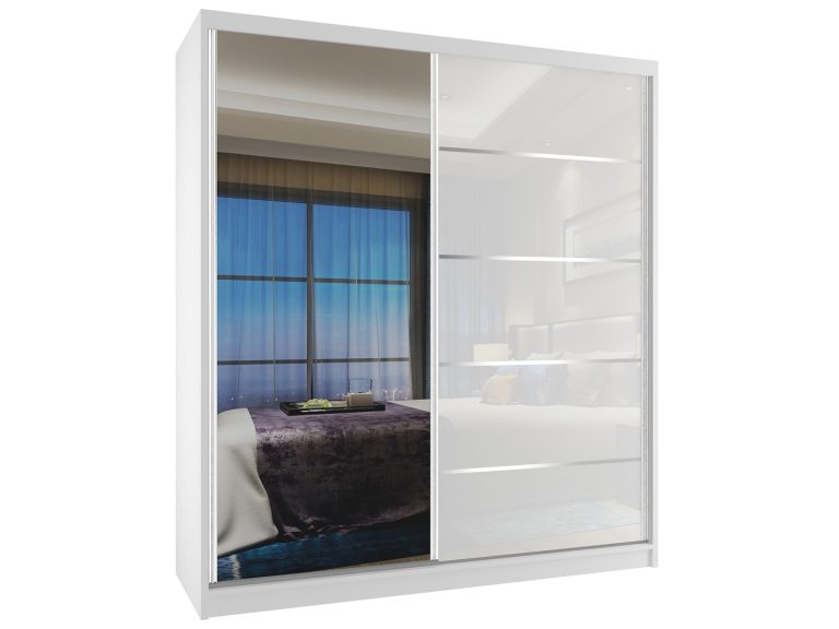 Kleiderschrank 133 cm Belini weiß matt / weiß glänzend mit Schiebetüren und Spiegel Hersteller MG SZP2/2/W/1L5W/HI