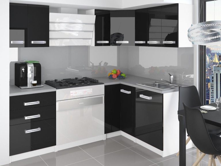 Eckküche Belini 300 cm schwarz glänzend mit Arbeitsplatte Armin2 Hersteller INF ARMIN2/3/WT/B/0/B1