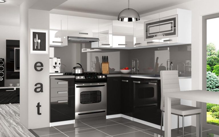 Eckküche Belini 360 cm weiß glänzend / schwarz glänzend mit Arbeitsplatte Lidia2 Hersteller INF LIDIA2/6/WT/WB/0/B1