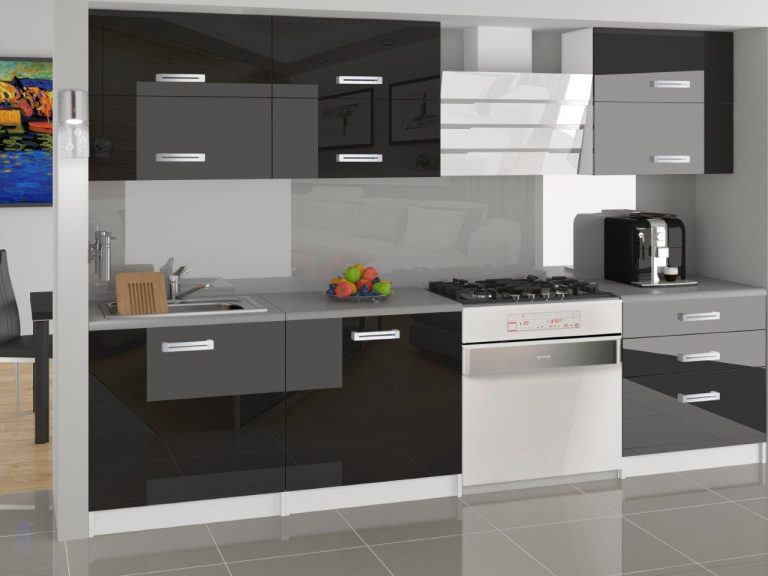 Küchenzeile Belini 180 cm weiß glänzend / schwarz glänzend mit Arbeitsplatte Primera2 Hersteller INF PRIMERA2/2/WT/B/0/B1
