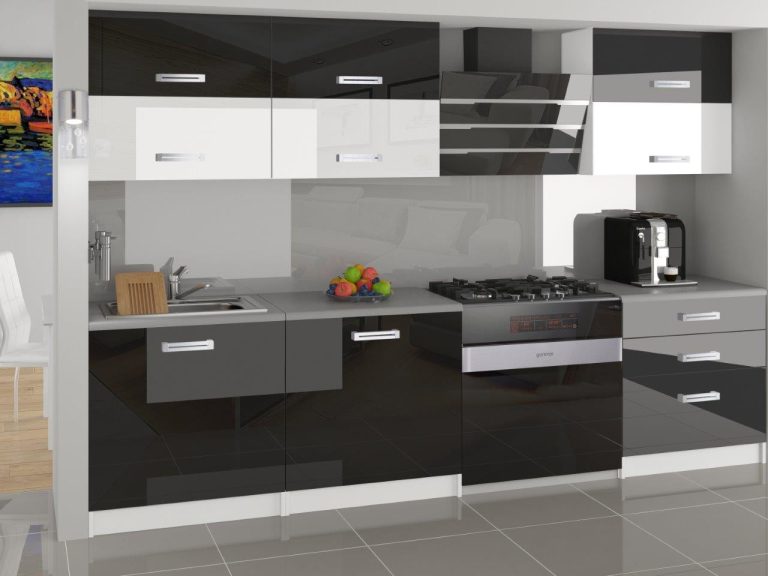 Küchenzeile Belini 180 cm schwarz glänzend / weiß glänzend mit Arbeitsplatte Primera2 Hersteller INF PRIMERA2/2/WT/BWB/0/B1