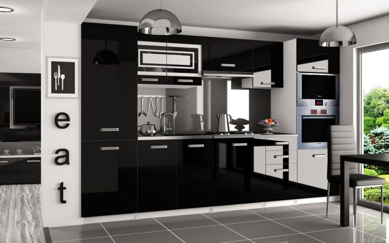 Küchenzeile Belini 300 cm schwarz glänzend mit Arbeitsplatte Syntka2 Hersteller INF SYNTKA2/5/WT/B/0/B1