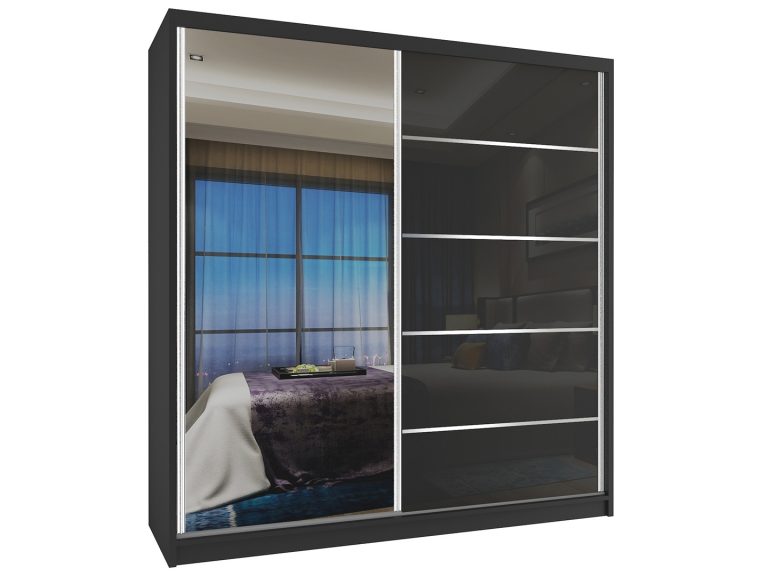158 cm Belini Kleiderschrank in schwarz matt / schwarz glänzend mit Schiebetüren und Spiegel Hersteller MG SZP3/2/B/WI/1L5B/HI