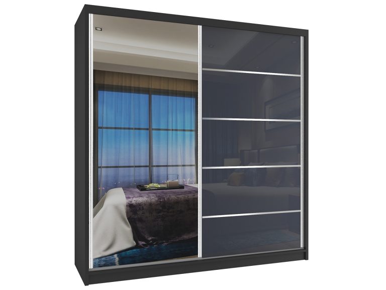 Kleiderschrank 158 cm Belini schwarz matt / grau glänzend mit Schiebetüren und Spiegel Hersteller MG SZP3/2/B/WI/1L5S/HI