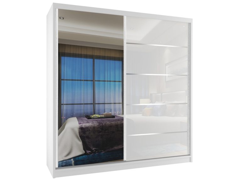 Kleiderschrank 158 cm Belini weiß matt / weiß glänzend mit Schiebetüren und Spiegel Hersteller MG SZP3/2/W/WI/1L5W/HI