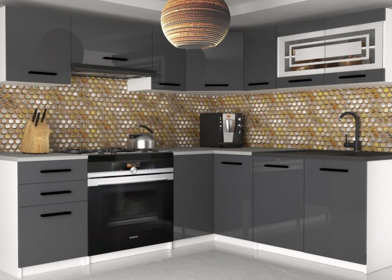 Eckküche Belini 360 cm grau glänzend mit Arbeitsplatte Lidia2 Hersteller INF LIDIA2/6/WT/S/0/B1