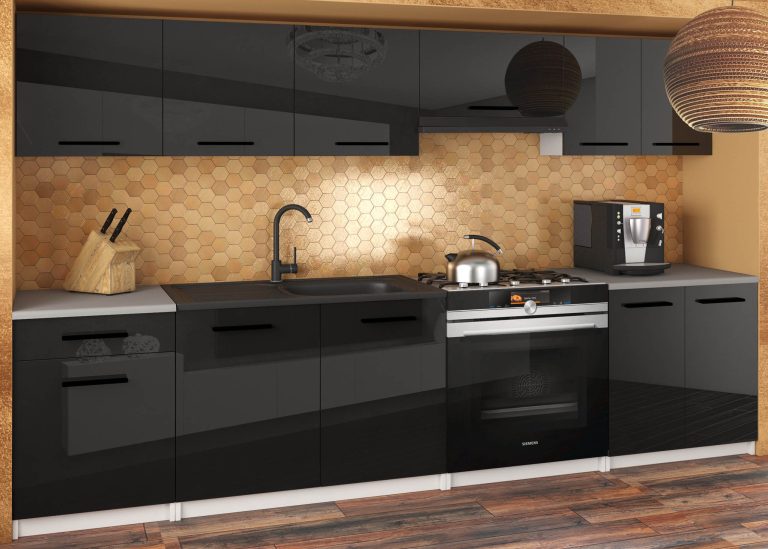 Küchenzeile Belini 240 cm schwarz glänzend mit Arbeitsplatte Uniqa2 Hersteller INF UNIQA2/5/WT/B/0/B1