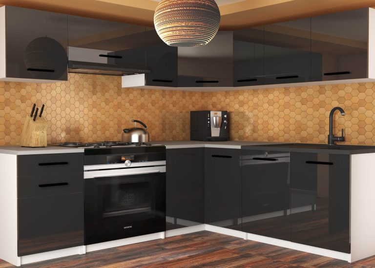 Eckküche Belini 360 cm schwarz glänzend ohne Arbeitsplatte Lidiauniqa2 Hersteller INF LIDIAUNIQA2/3/WT/B/BB/B1
