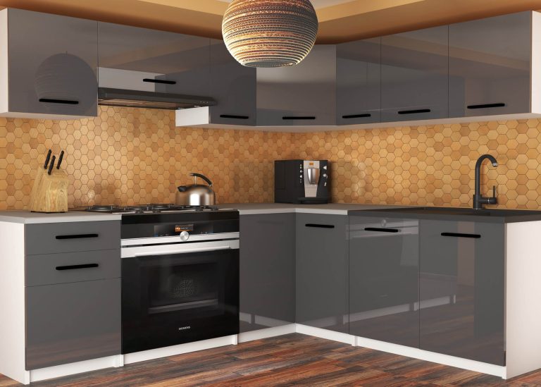 Eckküche Belini 360 cm grau glänzend mit Arbeitsplatte Lidiauniqa2 Hersteller INF LIDIAUNIQA2/4/WT/S/0/B1