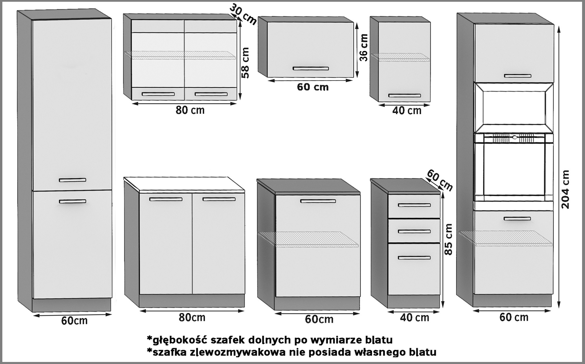 Küchenzeile Belini 300 cm schwarz glänzend mit Arbeitsplatte Syntka2 Hersteller INF SYNTKA2/5/WT/B/0/B1