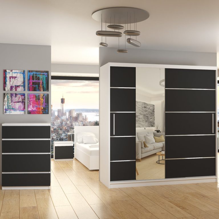 Kleiderschrank 200 cm Belini weiß matt / schwarz matt mit Schiebetüren mit Spiegel und Schubladen Hersteller MBP SZP5/1/W/B/0/KLAL
