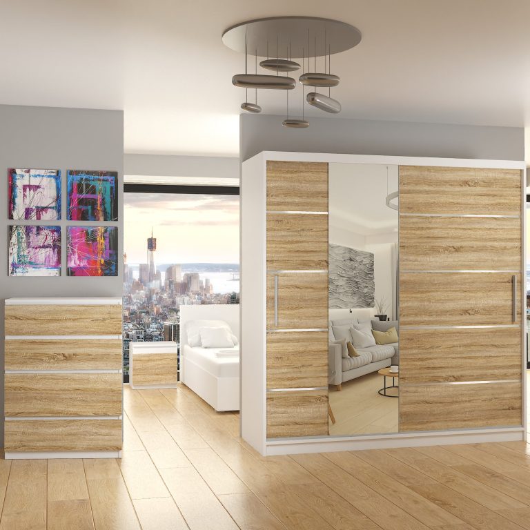 Kleiderschrank 200 cm Belini weiß matt / Sonoma-Eiche mit Schiebetüren mit Spiegel und Schubladen Hersteller MBP SZP5/1/W/DS/0/KLAL