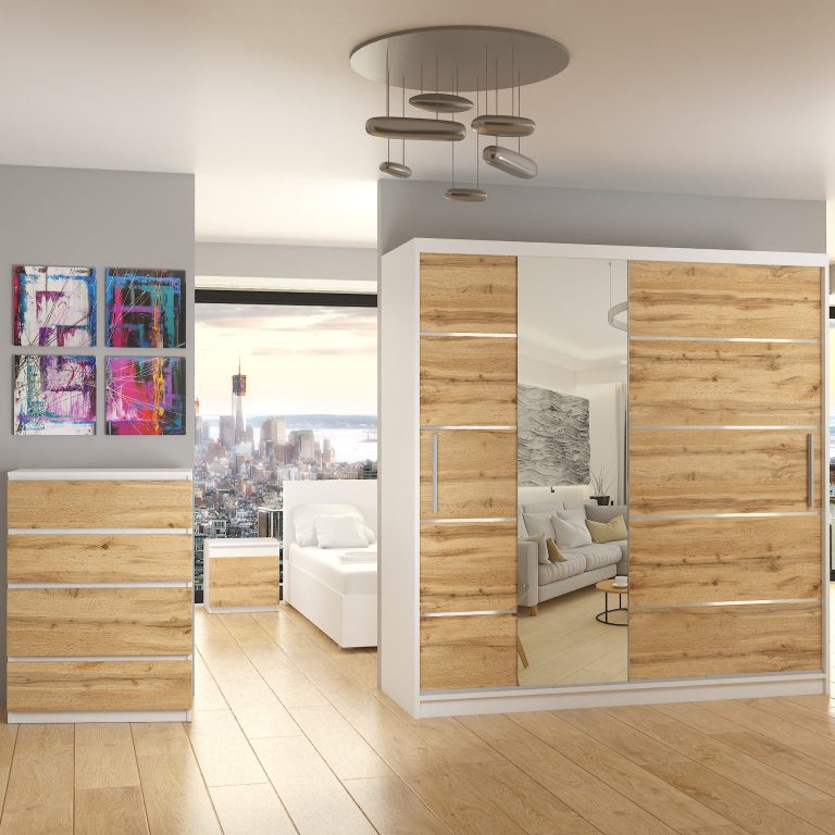 Kleiderschrank 200 cm Belini weiß matt / Wotan-Eiche mit Schiebetüren mit Spiegel und Schubladen Hersteller MBP SZP5/1/W/DW/0/KLAL