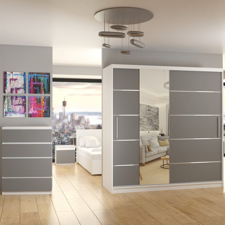 Kleiderschrank 200 cm Belini weiß matt / grau matt mit Schiebetüren mit Spiegel und Schubladen Hersteller MBP SZP5/1/W/SR/0/KLAL