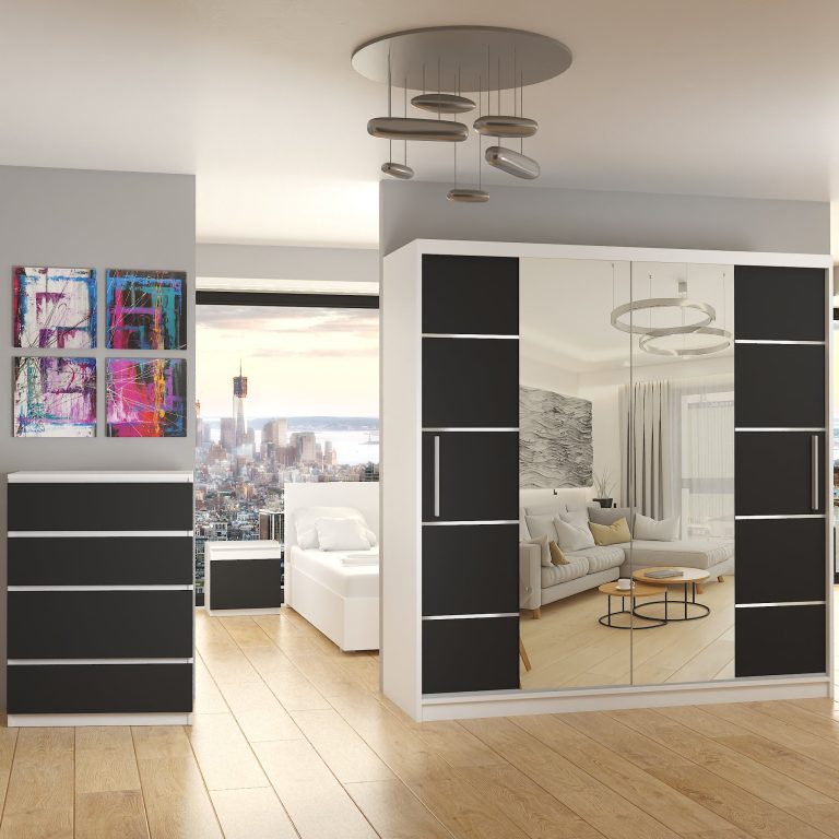 Kleiderschrank 200 cm Belini weiß matt / schwarz matt mit Schiebetüren mit Spiegel und Schubladen Hersteller ME SZP5/1/W/B/0/KLAL