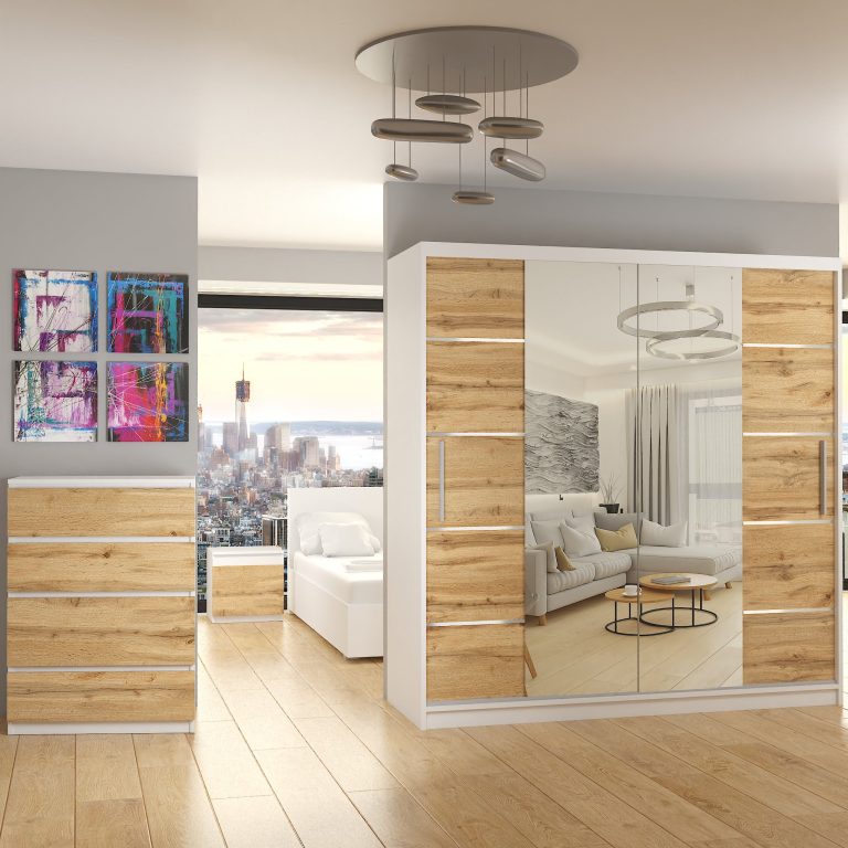 Kleiderschrank 200 cm Belini weiß matt / Kastanie mit Schiebetüren mit Spiegel und Schubladen Hersteller ME SZP5/1/W/KN/0/KLAL