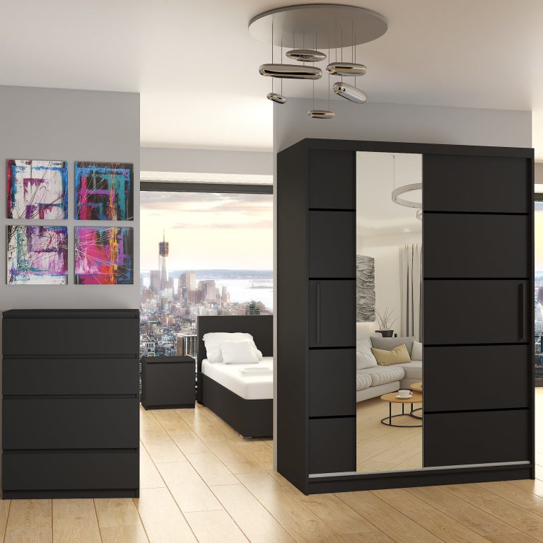 Kleiderschrank 133 cm Belini schwarz matt mit Schiebetüren mit Spiegel und Schubladen Hersteller MBP SZP6/1/B/B/0/KLP