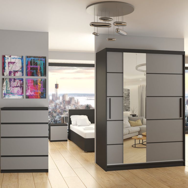 Kleiderschrank 133 cm Belini schwarz matt / grau matt mit Schiebetüren mit Spiegel und Schubladen Hersteller MBP SZP6/1/B/SR/0/KLP