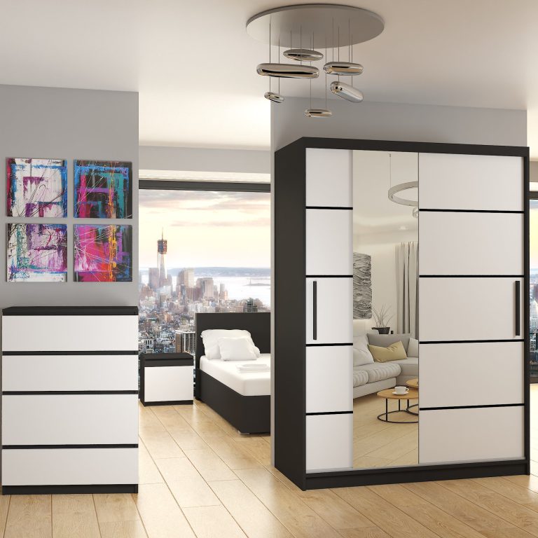 Kleiderschrank 133 cm Belini schwarz matt / weiß matt mit Schiebetüren mit Spiegel und Schubladen Hersteller MBP SZP6/1/B/W/0/KLP
