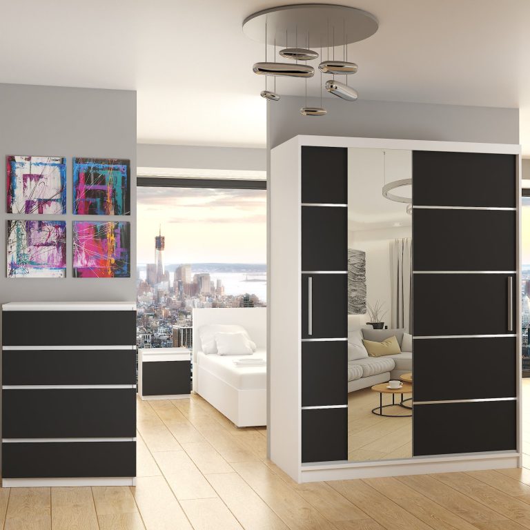Kleiderschrank 133 cm Belini weiß matt / schwarz matt mit Schiebetüren mit Spiegel und Schubladen Hersteller MBP SZP6/1/W/B/0/KLAL