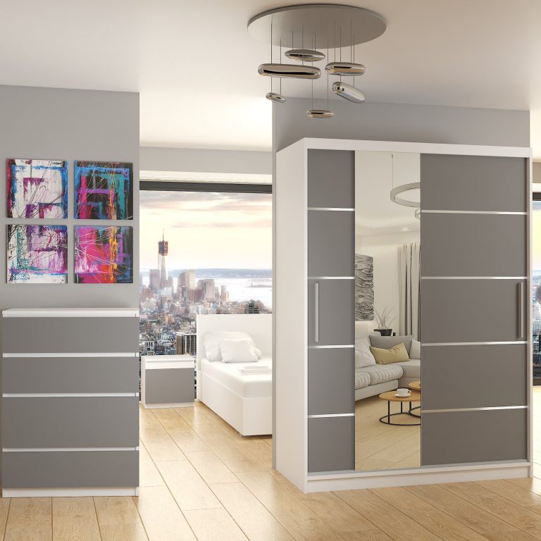 Kleiderschrank 133 cm Belini weiß matt / grau matt mit Schiebetüren mit Spiegel und Schubladen Hersteller MBP SZP6/1/W/SR/0/KLAL