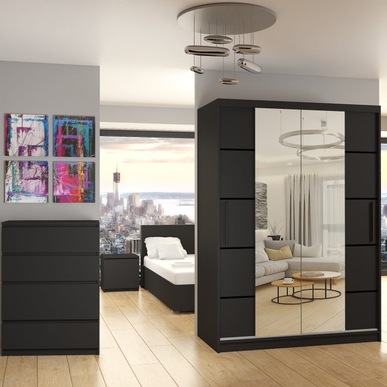 Kleiderschrank 133 cm Belini schwarz matt mit Schiebetüren mit Spiegel und Schubladen Hersteller ME SZP6/1/B/B/0/KLP